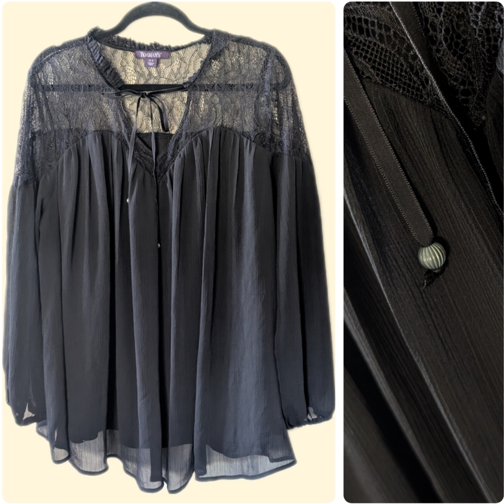 Roamans Top 22W Black Gauze Tie Neck Peasant Flowy Boho Long Sleeve 3X Chiffon